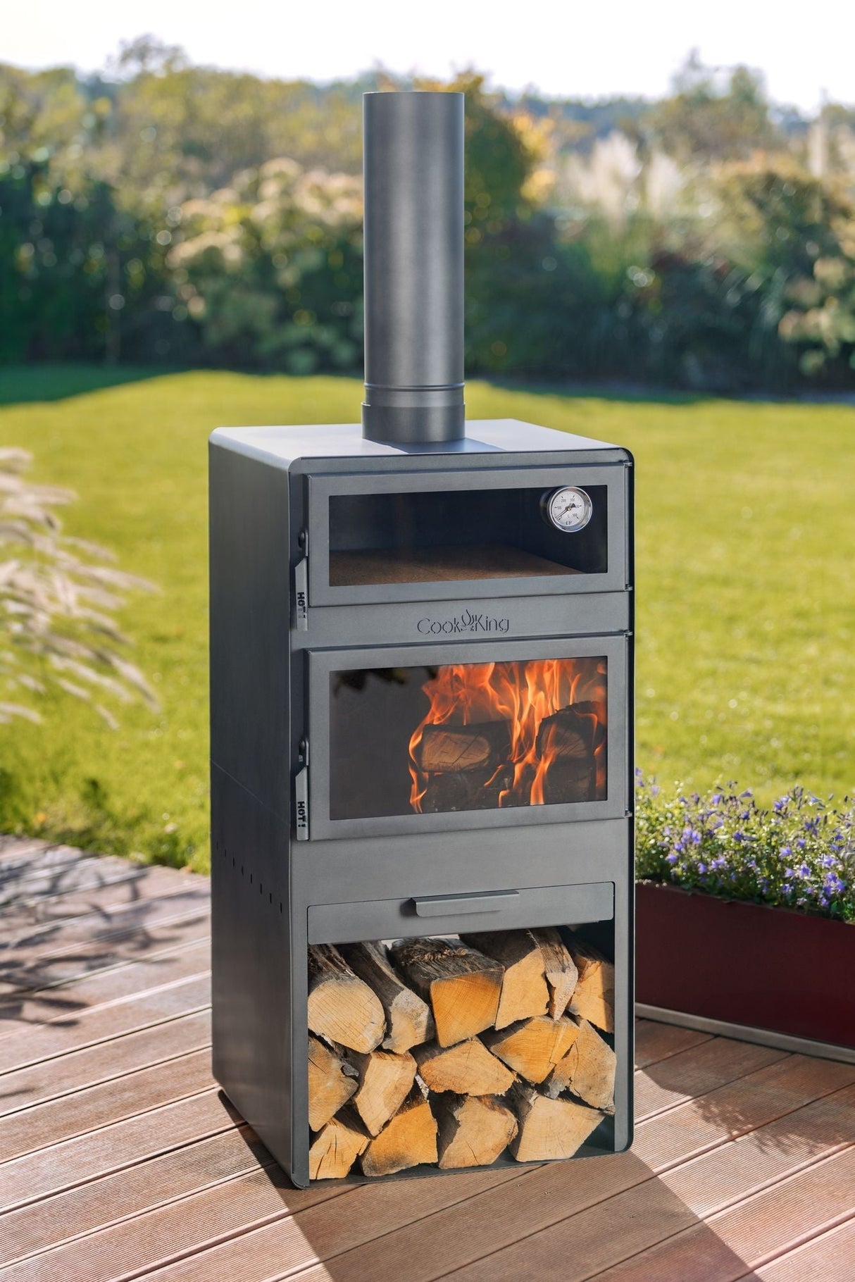 Stufa da giardino TOSCANA con forno per pizza, barbecue e affumicatore – in vero acciaio grezzo