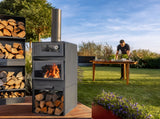Stufa da giardino TOSCANA con forno per pizza, barbecue e affumicatore – in vero acciaio grezzo