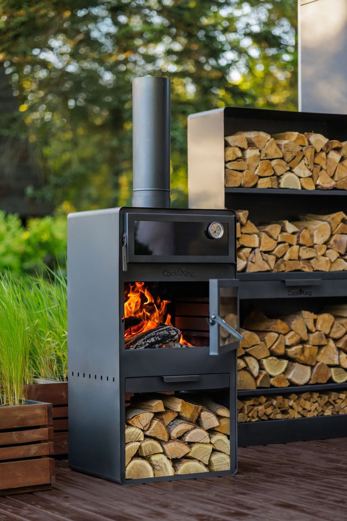 Stufa da giardino TOSCANA con forno per pizza, barbecue e affumicatore – in vero acciaio grezzo