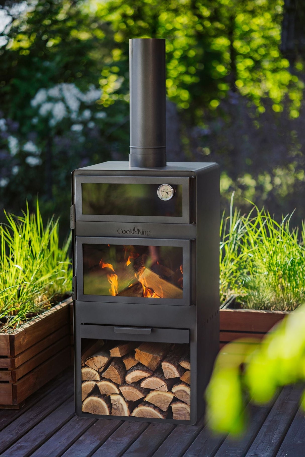 Stufa da giardino TOSCANA con forno per pizza, barbecue e affumicatore – in vero acciaio grezzo