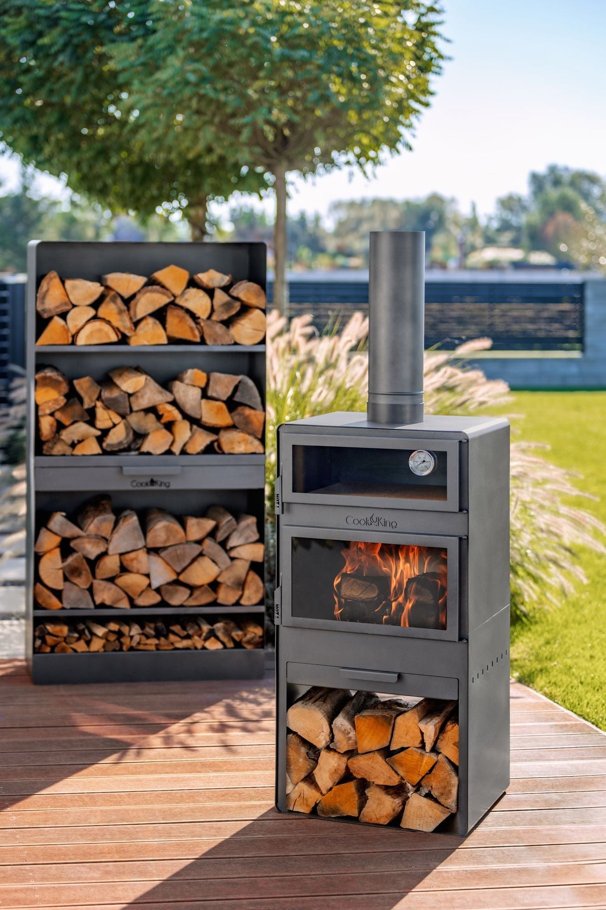 Stufa da giardino TOSCANA con forno per pizza, barbecue e affumicatore – in vero acciaio grezzo