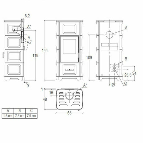 Piazzetta E928 C BCS stufa a legna 11,1 kW con bocchetta frontale