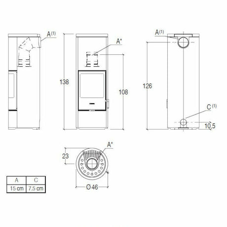 Piazzetta E924 H stufa a legna 7,2 kW, scarico superiore, base fissa